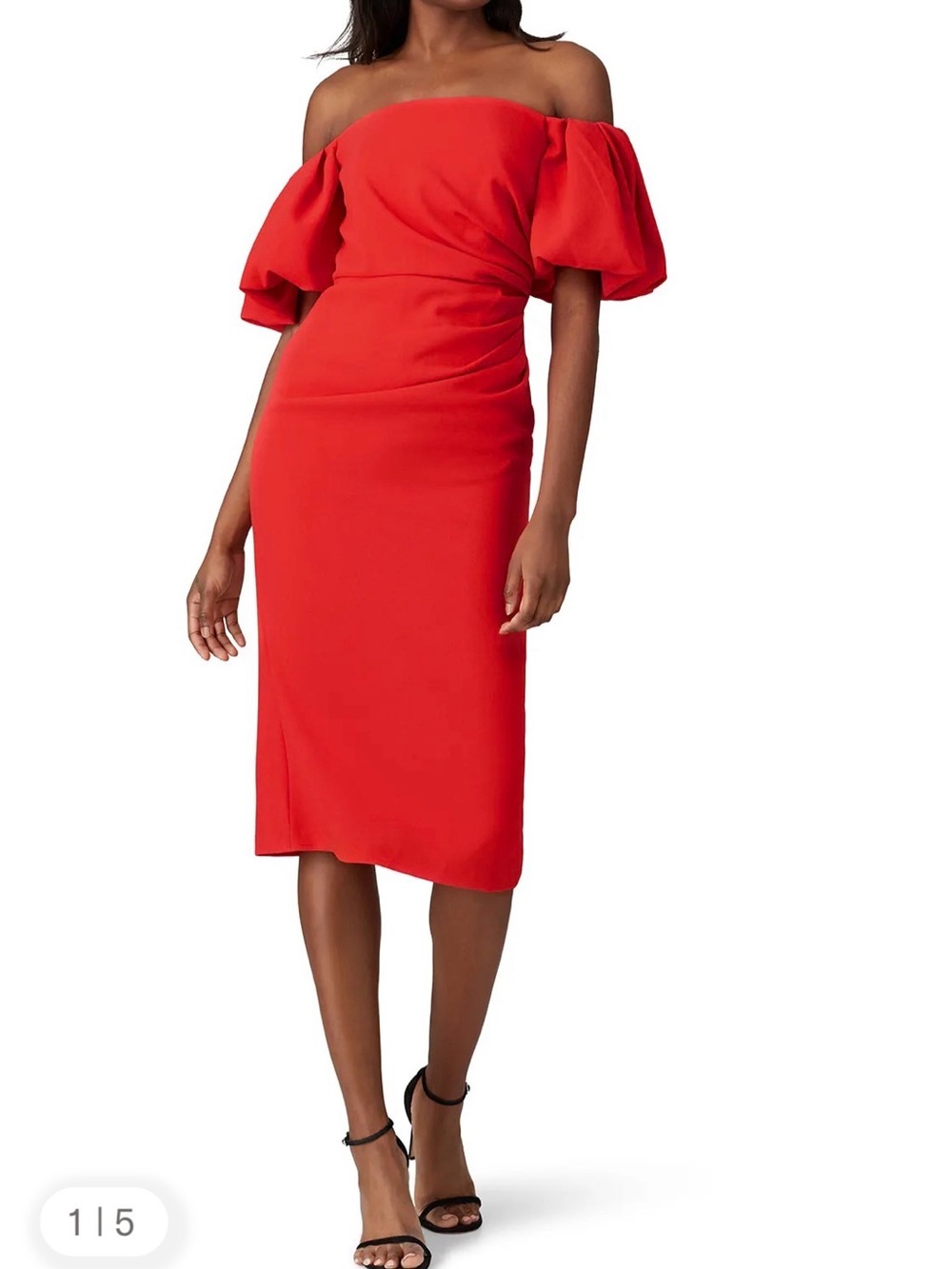 Shoshanna Red Janessa Off-Shoulder Midi Dress with Puff Sleeves